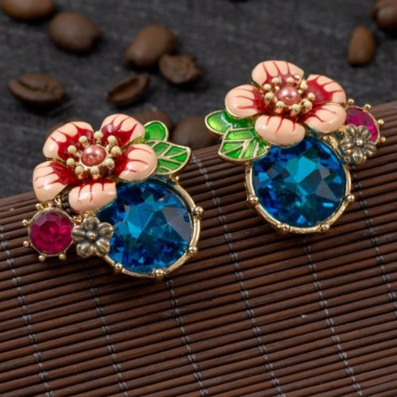 Jewelry - NWT *  Blue Rhinestone Enamel Flowers Stud Earrings